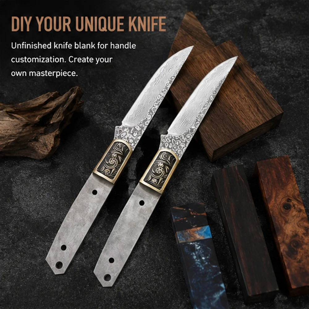Damascus Steel  Knife Blank Full Tang DIY Knife Making Supplies Heat Treated Blade Pre-Drilled Handle Holes for Custom Outdoor