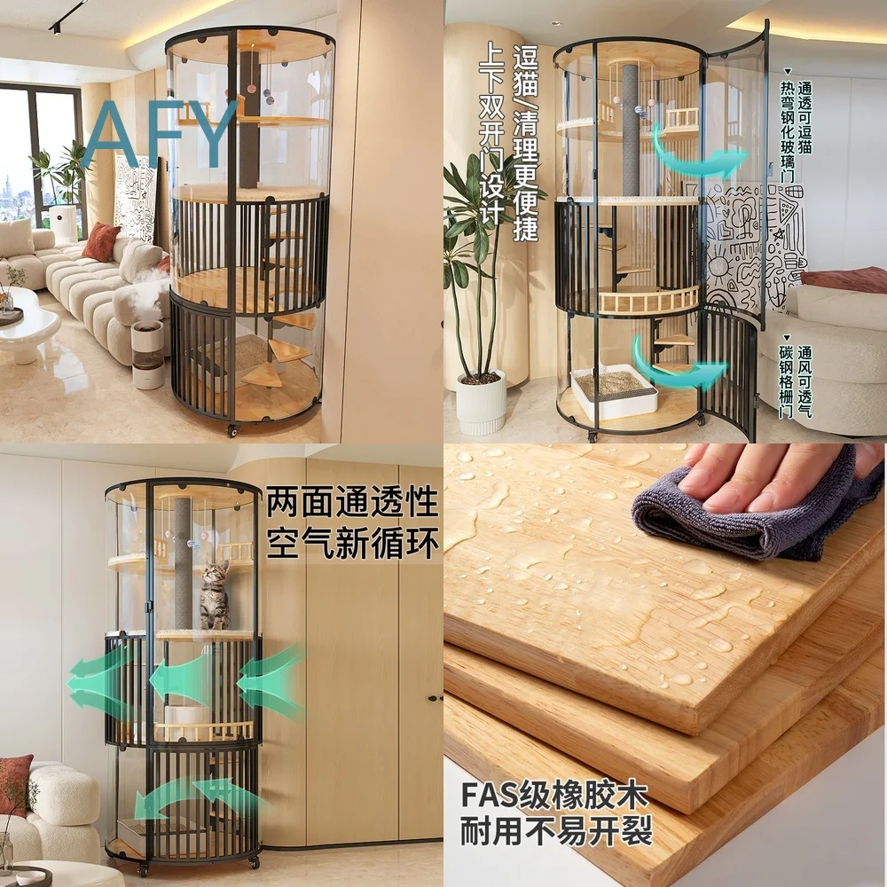 360 Degree Panoramic Glass Cat House for Large Cats with Built-in Litter Box Indoor Luxury Enclosed Catio for Home Use Cat