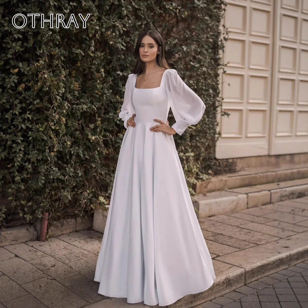 Chiffon Square Long Sleeves A-line Bridal Wedding Gown Satin Floor Length Backless Customized свадебное платье