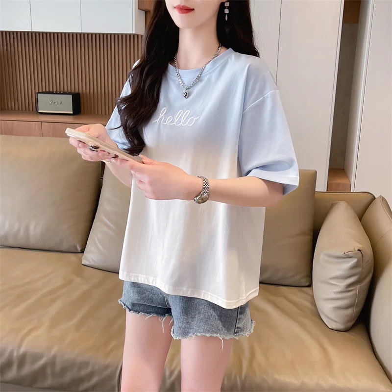 Letter Embroidery Summer Round Neck Short Sleeve Women's Solid Clothing Gradient Cotton T-shirt Loose Midi Office Lady Tops