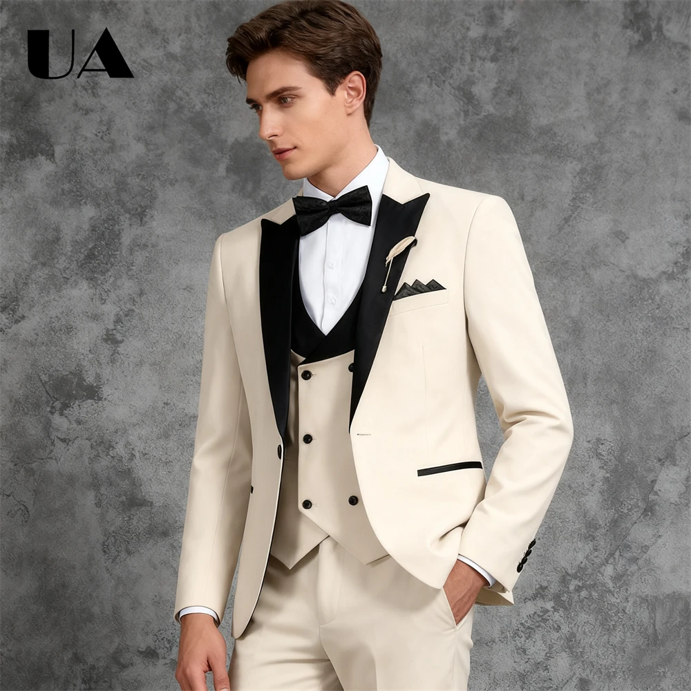 

Three Pieces Wedding Suit Set for Groom and Best Man, Slim Fitting Mens Formal Suit, (Jacket Trousers Vest) Lapel Party Tuxedo