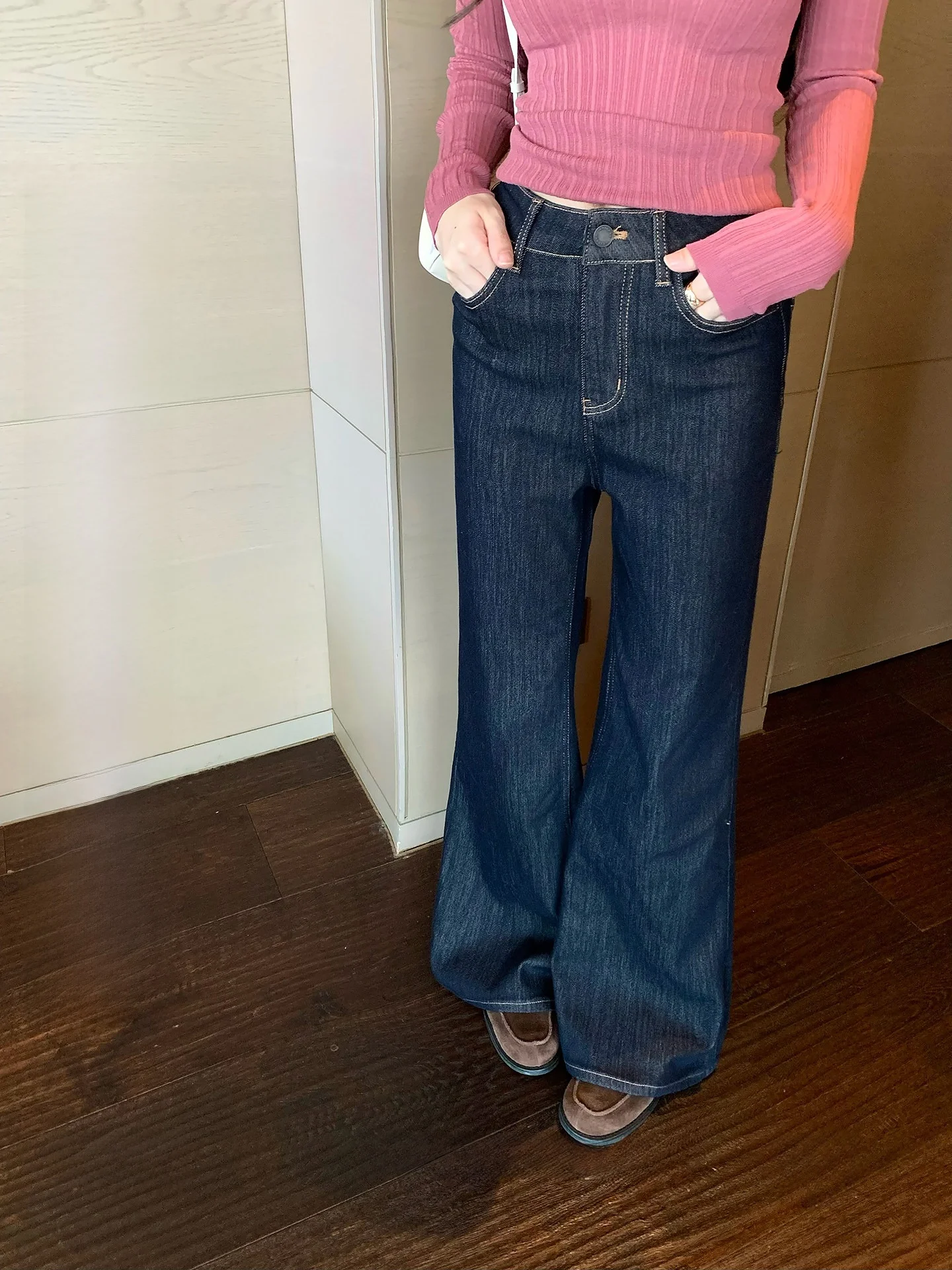 

Deep Blue Straight Leg Micro Flared Jeans Women's Thin Fleece Casual Loose Wide Leg Long Pants Commute Style High Waist