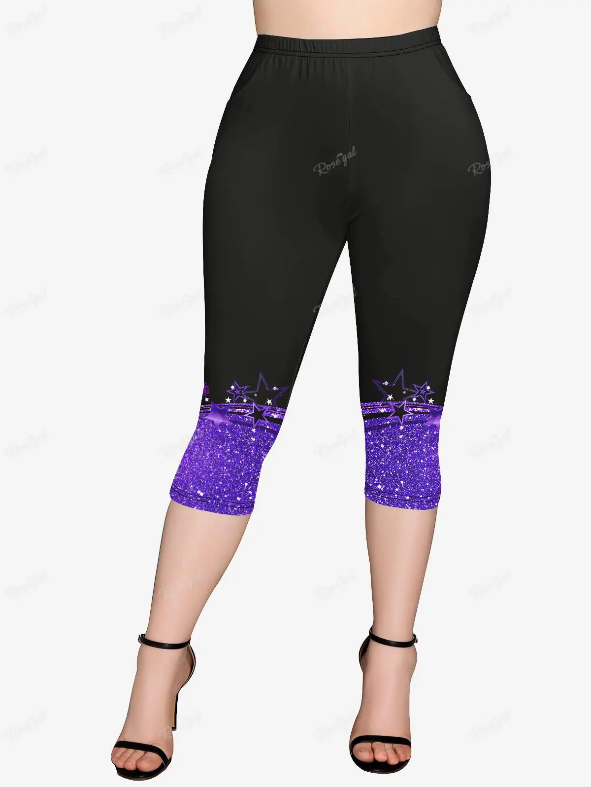 Plus Size Koszulka z krótkim rękawem i kieszeniami Legginsy Capri Outfit conjuntos para mujeres 2-częściowe serce Pentagram Bicolor Printed