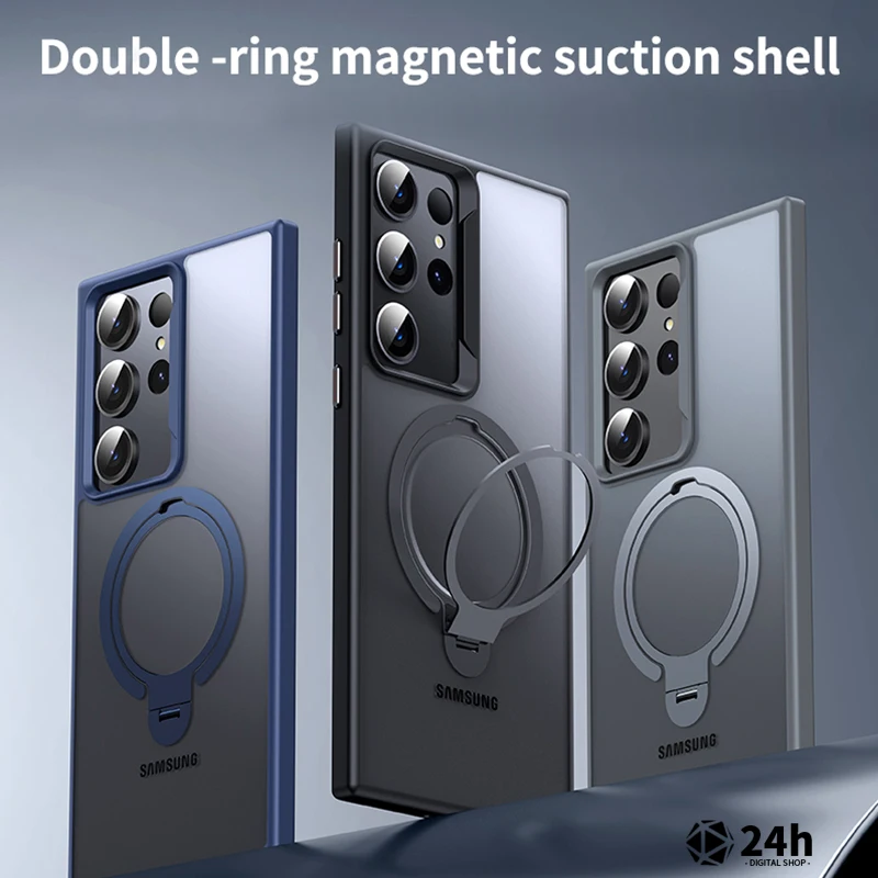 

Silica gel Matte Magnetic Phone Case For Samsung Galaxy S23 S24 Ultra S24Plus Megsafe Double Ring Bracket Wireless Charge Cover