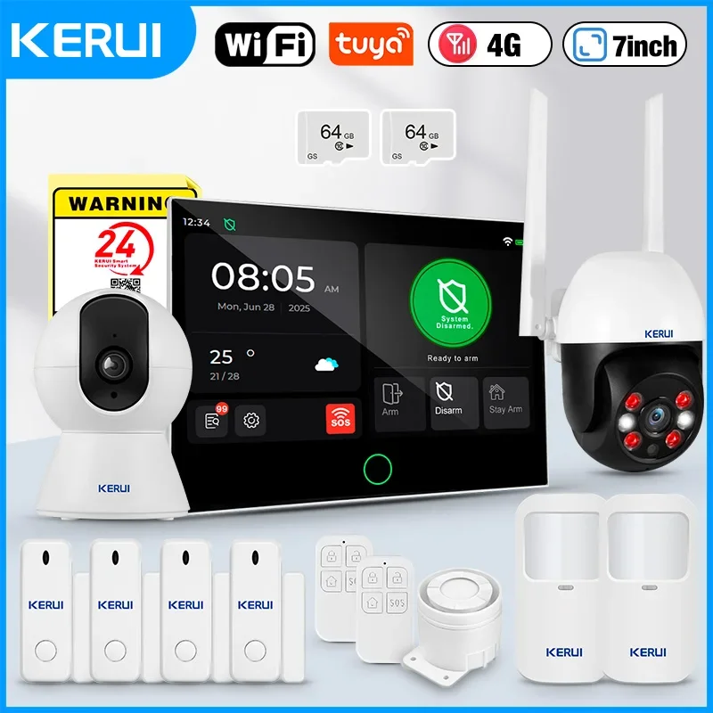 

KERUI Tuya Система охранной сигнализации Wi-Fi 4G для дома с 7-дюймовой большой сенсорной панелью Беспроводная домашняя GSM-сигнализация 433 FSK для дома