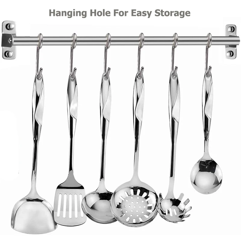 1/6Pcs Stainless Steel Cooking Tools, Kitchen Utensils with Heat-resistant Handle - Turner Soup Spoon Strainer Pasta Server