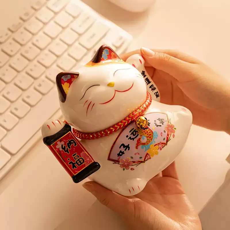 Beckoning Cat Ceramic with Gift Box Waving Hand Lucky Cat Battery Powered Maneki Neko Best Gift Home Decoration Fortune Lucky