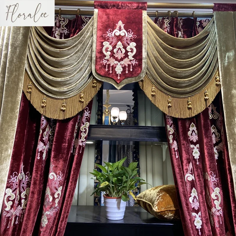 

Luxury Velvet Embroidery Curtains For Living Room Bedroom High Window Villa French American Retro Red Curtain Velvet Yarn Custom