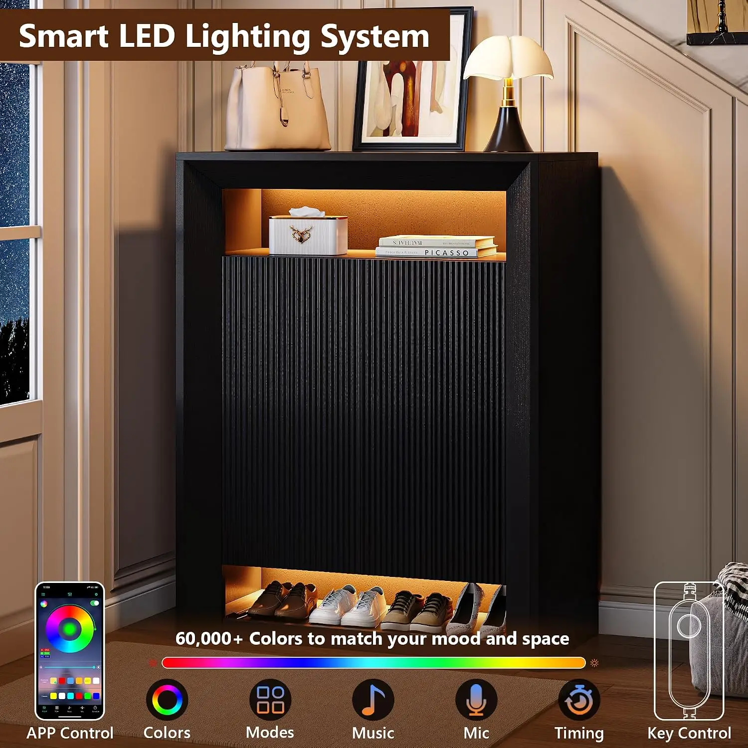 LED Shoe Cabinet w/App & Music Sync, Adjustable Shelves & Drawer, Entryway Organizer, 15-25 Pairs, Black, Customized