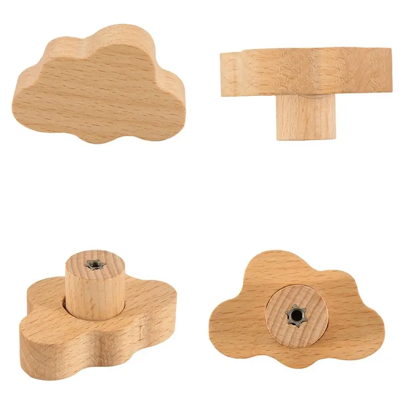 ABUL-12 Piece Durable Beech Wood Drawer Knobs Cloud-Shaped Wooden Dresser Pulls Boho Dresser Knobs Wood Color For Cabinets, Furn