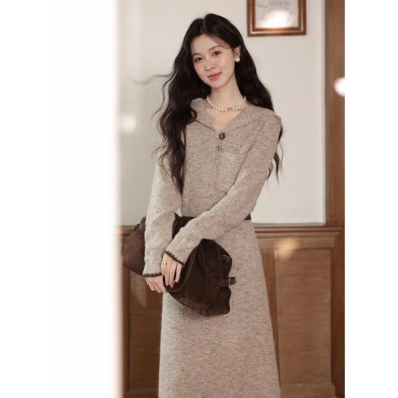 Alxnan plus size vestido 2025 botão com capuz fino-ajuste camadas de malha vestido de manga longa outono inverno roupas femininas d662170