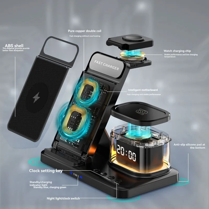 fddt-5-in-1折りたたみ式ワイヤレス充電ステーション（スマートフォンデバイス用）-時計、ナイトライト、225w急速充電