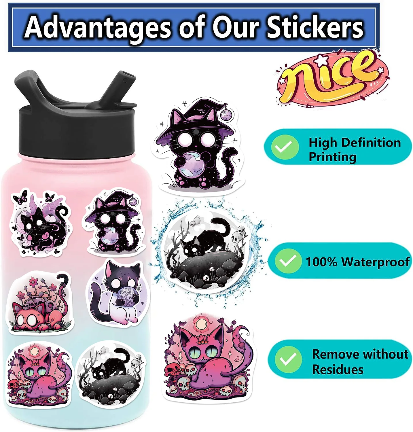 50PCS Black Cat Stickers, Cat Stickers, Waterproof and Aesthetic Vinyl Stickers for Water Bottle,Laptop,Phone,Skateboard