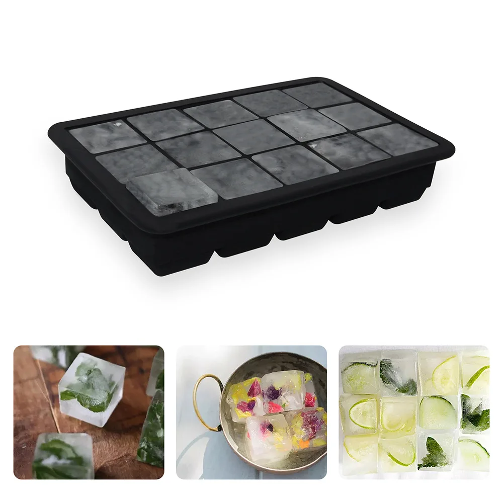 Hot Sale Durable Silicone Ice Cube Freezing Tray 15-compartment ice tray with lid rectangular ice box Household ice cube molds