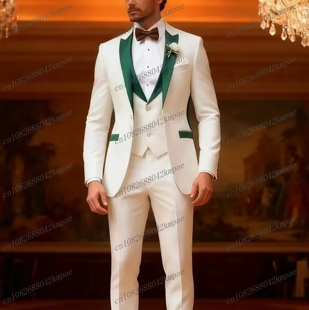 

New Green Collar White Men Suit Formal Groom Groomsman Wedding Party Prom Male Business Tuxedos 3 Piece Set Blazer Vest Pants