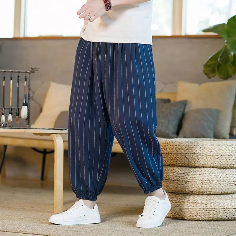

plus Size Men's Casual Loose Striped Linen Wide Leg Nine-Piece Pants Summer Trendy Youth Active Sle Comfortable Loose Fit