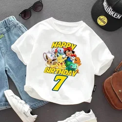 Camiseta de Pikachu con número de cumpleaños para bebé, ropa de verano de Pokémon, camisetas de algodón de dibujos animados para niños, camisetas de manga corta para niños