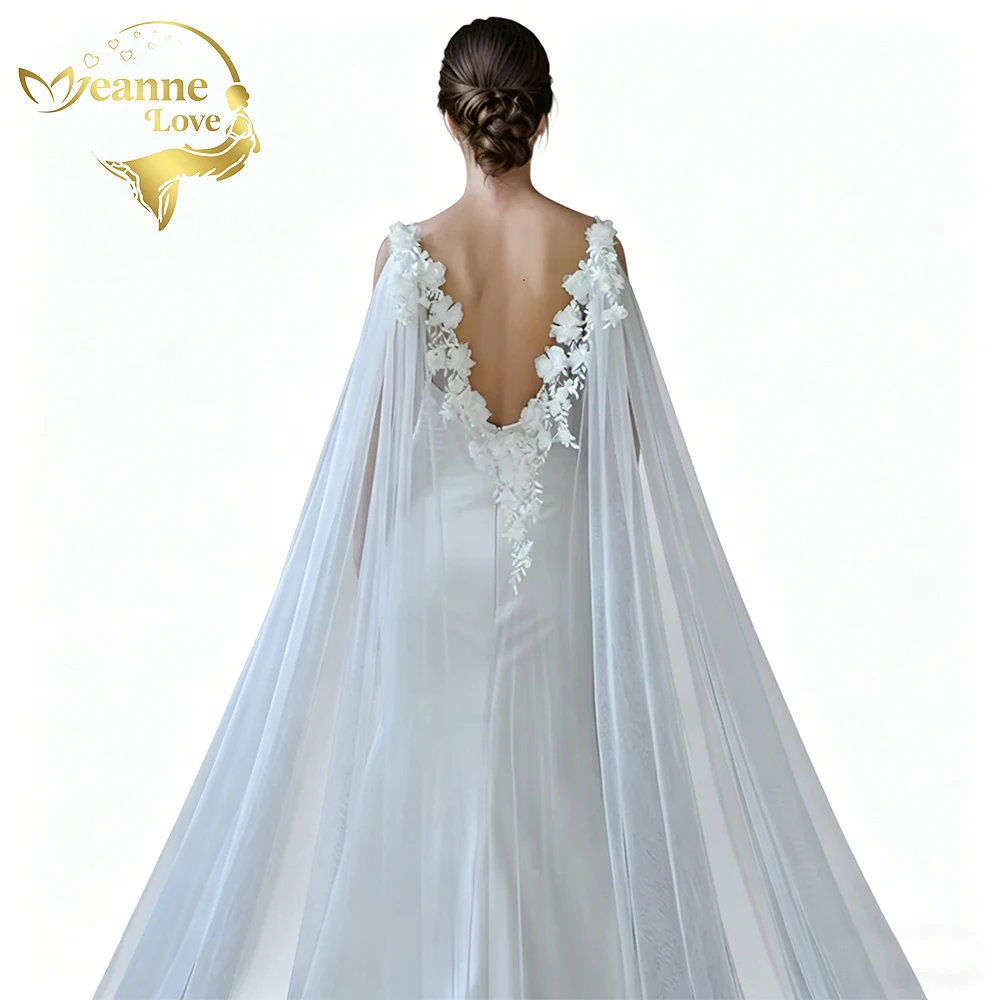 Jeanne Love 3D Flower Pearl Bridal Cape Veil Detachable Shoulder Cape Long Cathedral Wedding Veil Cape Wedding Dress Overlay