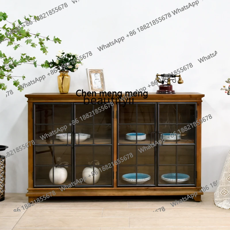 

American retro wrough solid wood dining industrial wind storage, kitchen dining cabinet, large-capacity glass cabinet furniture