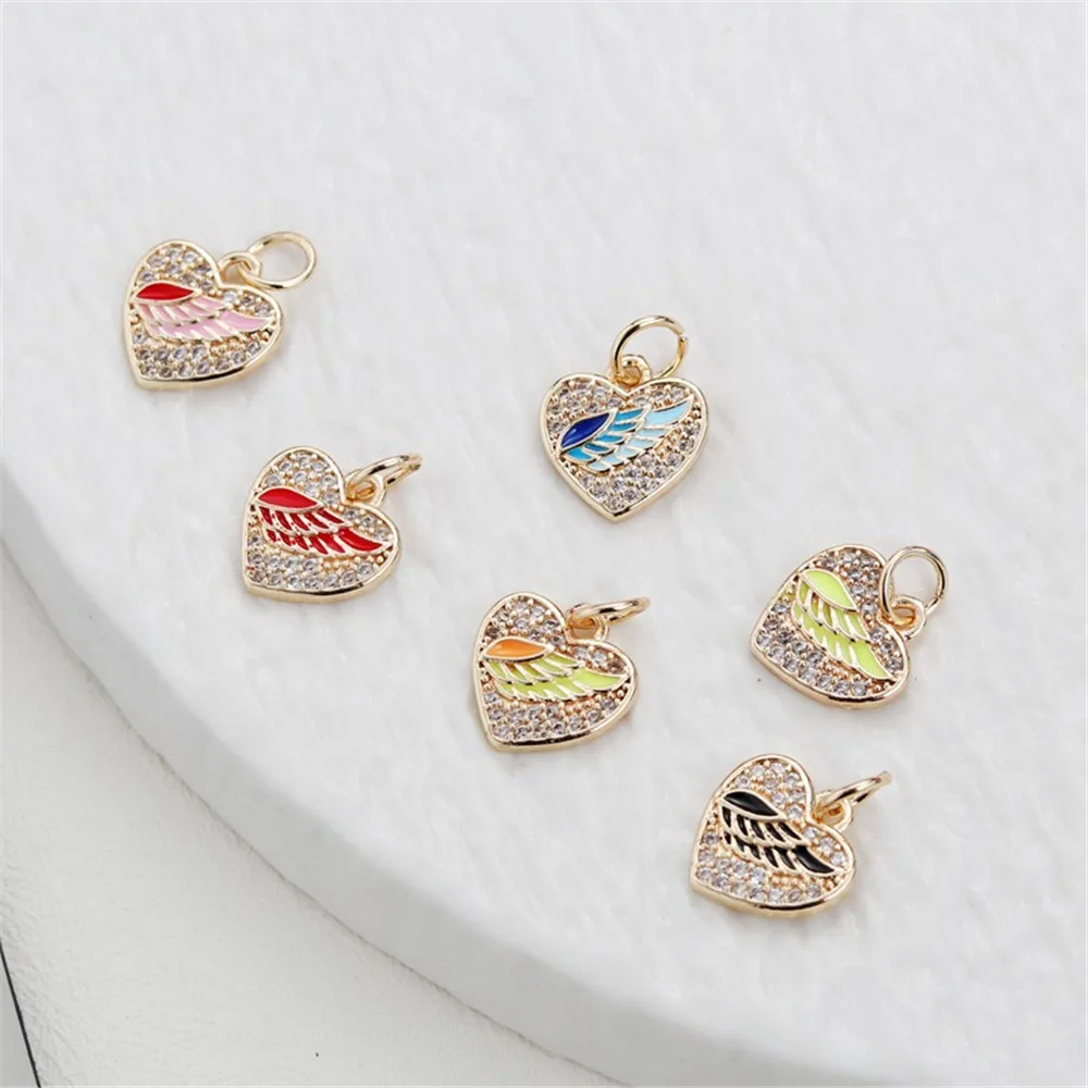 1pcs 14K Gold Color-preserving Oil Drip-inlay Zircon 13mm Love Pendant DIY Jewelry Bracelet Necklace Earrings Charm Accessories