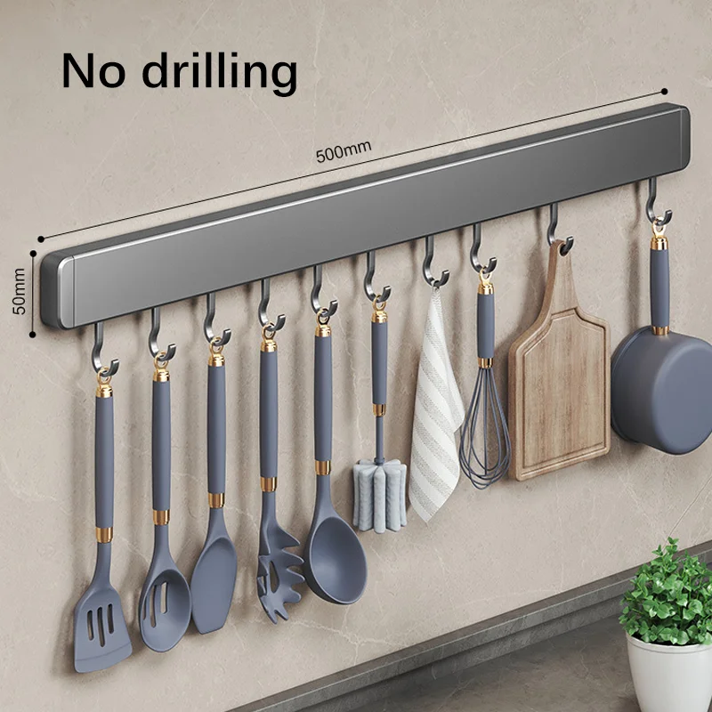 

Kitchen Storage Rack Non-perforated shelves Wall Mounted with Movable hook Spoon Holder Organizer Kitchen Utensil Accessories