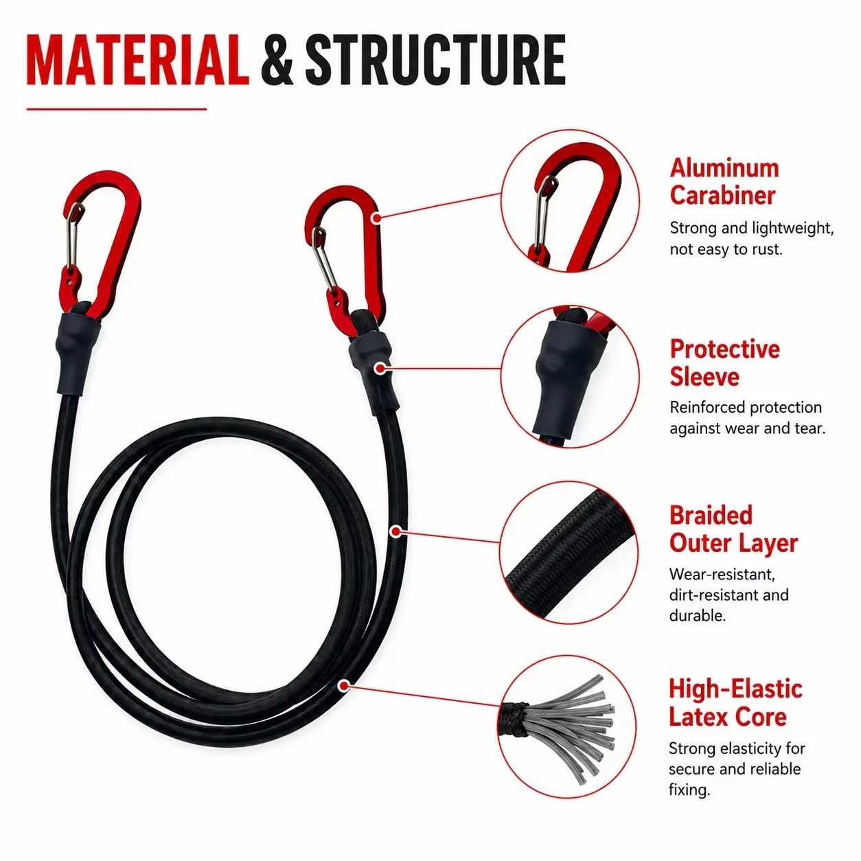 Heavy Duty Bungee Cord Elastic Tensioning Belts Tie Strap String Carabiner Hooks for Kayak Cycling Luggage Packing Ropes Camping