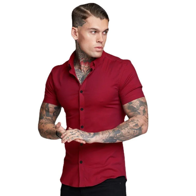 Summer Mens Short-sleeved Casual Cardigan Business Iron-free Gym basketball training Fitness Quick Dry Tops Sweat-wicking Shirts