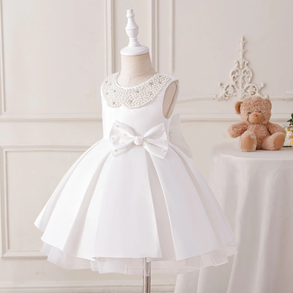 Newborn White 1st Birthday Dress For Baby Girl Clothes Beading Princess Dress Girls Dresses Big Bow Baptism Party Gown 0-4 Year