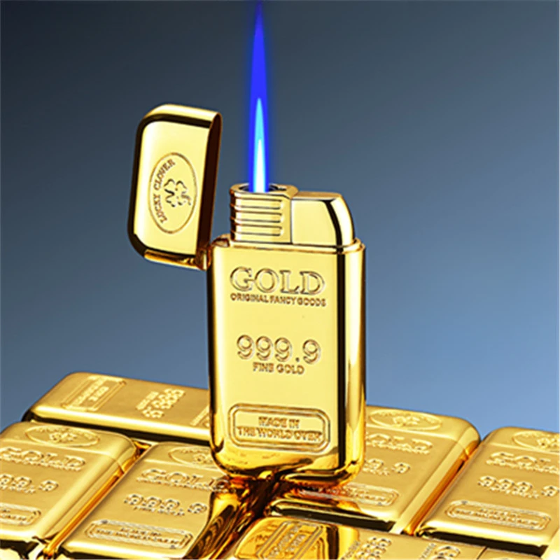

New Metal Gold Brick Windproof Jet Blue Flame Torch Gas Lighter Portable Cigar Lighter for Smoking Small And Rich Design Tool