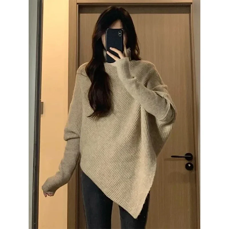 MEXZT Irregular Turtleneck Sweater Women Vintage Knitted Pullovers Korean Asymmetrical Knitwears Streetwear Casual Chic Jumper