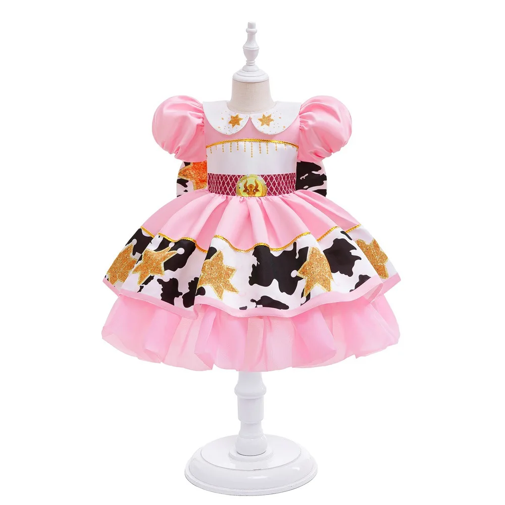 Toddler Girl Western Style Cow Pattern Fancy Dress Puff Sleeve Ruffle Mesh Gown For Themed Party Role Play Celebration ASQ03