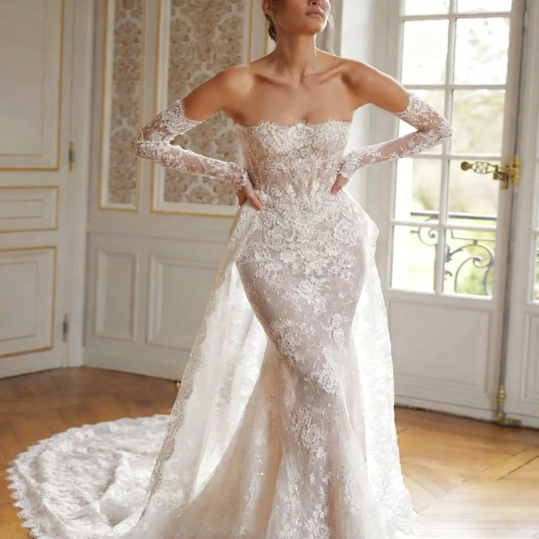

Customized Exquisite Lace Mermaid Wedding Breathtaking Off Shoulder Long Sleeves Bridal Gowns Formal Bride Porm Party Gowns