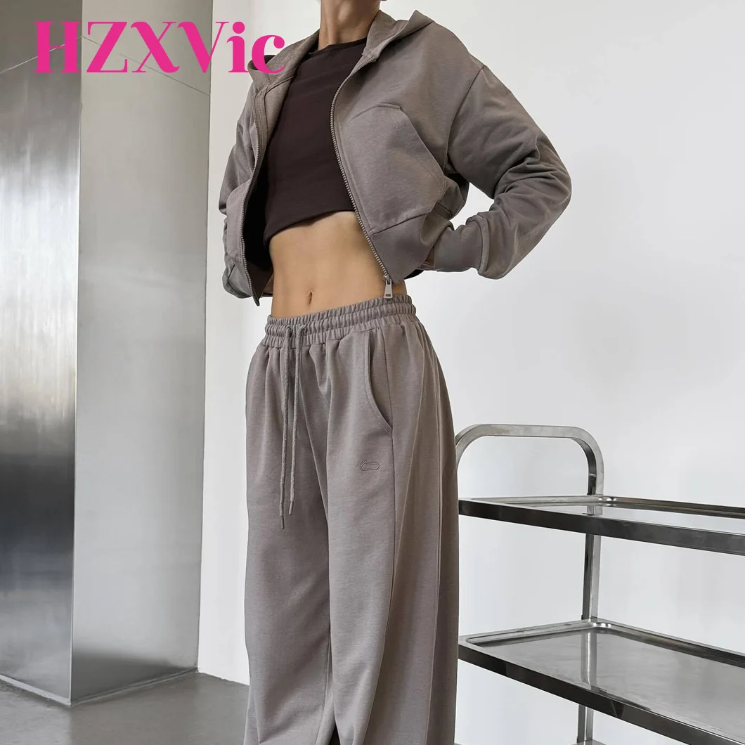 

HZXVic Women's Y2K Sports Leisure Hoodie Set Grey Loose Fit Two-Piece Pants Outfit Casual Streetwear