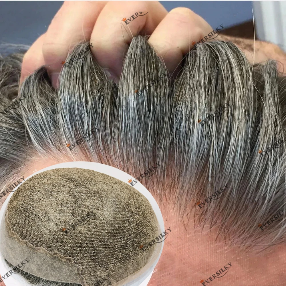 

Q6 Swiss Lace Human Hair Men‘s Toupee Bleach Knots Natural Hairline Prosthesis Capillary Hair Replacement System Gray Hair