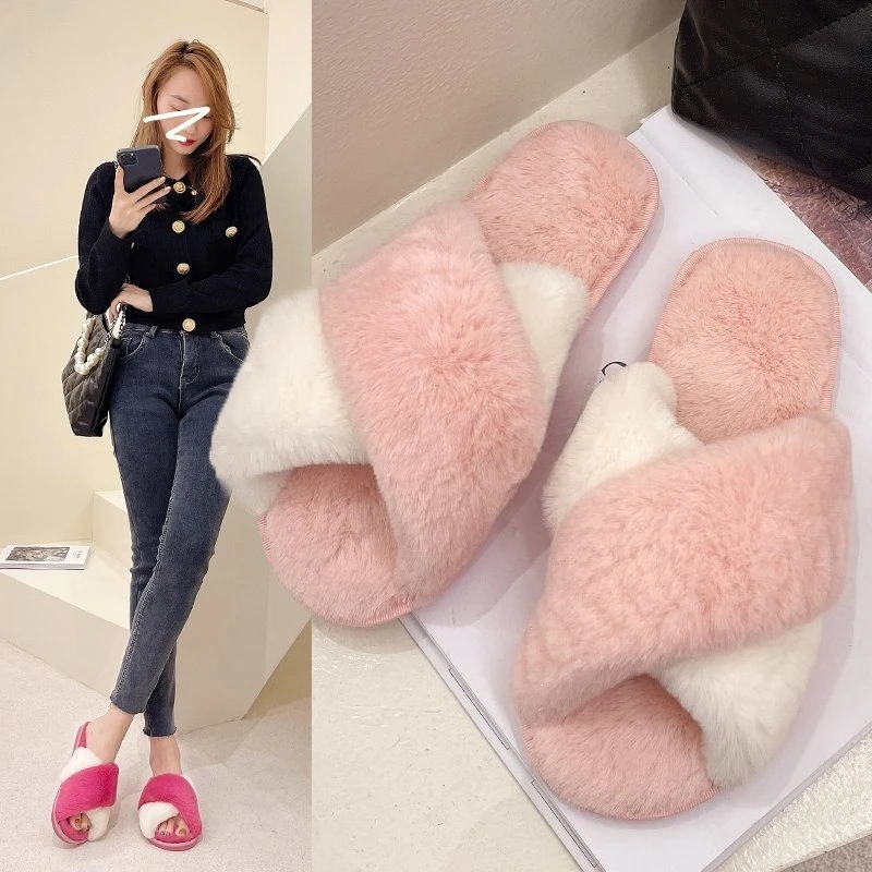 Women Autumn Winter cross strap mixed color Furry Fur Slippers Fluffy Faux Fur Slides Warm Plush Slippers open-toe House Shoes