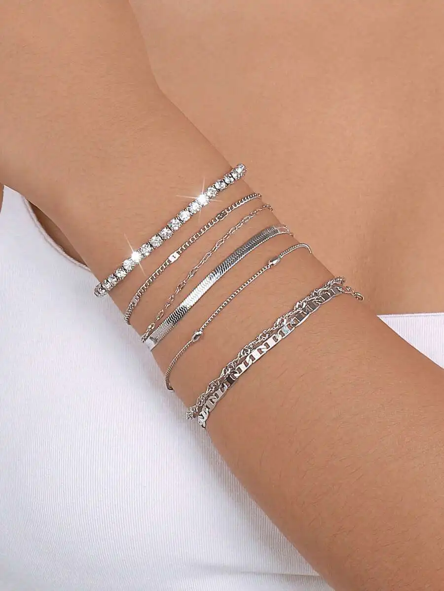 

7 Pieces Rhinestone Chain Bracelet Set For Women