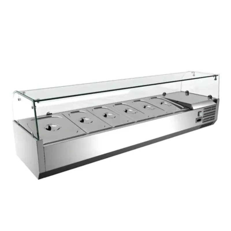 Commercial stainless steel glass single temperature desktop refrigerated display stand salad pizza display stand refrigerated