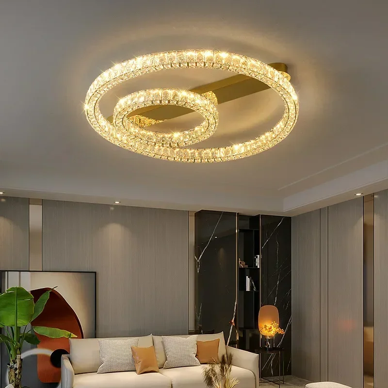 2025 New Nordic Modern Crystal Lamp Living Room Dining Room Bedroom Golden Circle Wire Cut Luxurious Design Simple Ceiling Light