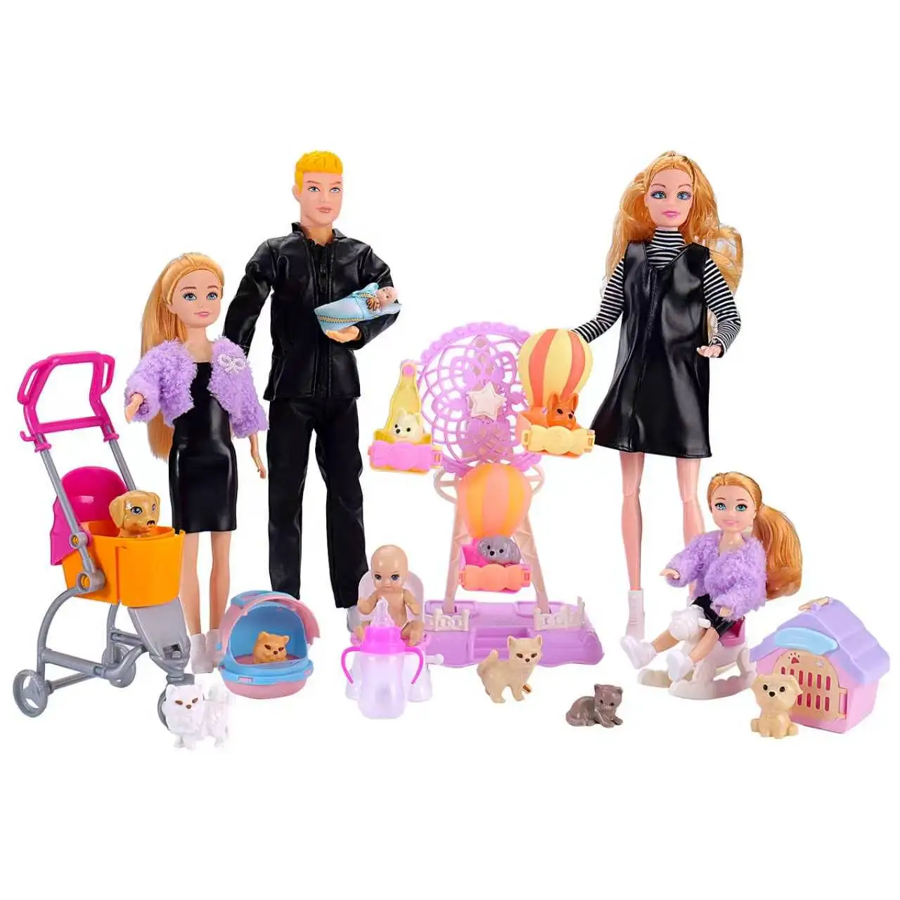 

30cm A Family Of Six Pregnant Doll Cute Pet Stroller Ferris Wheel Set Babi Doll Have A Baby In Her Tummy Dress Up Play House Toy