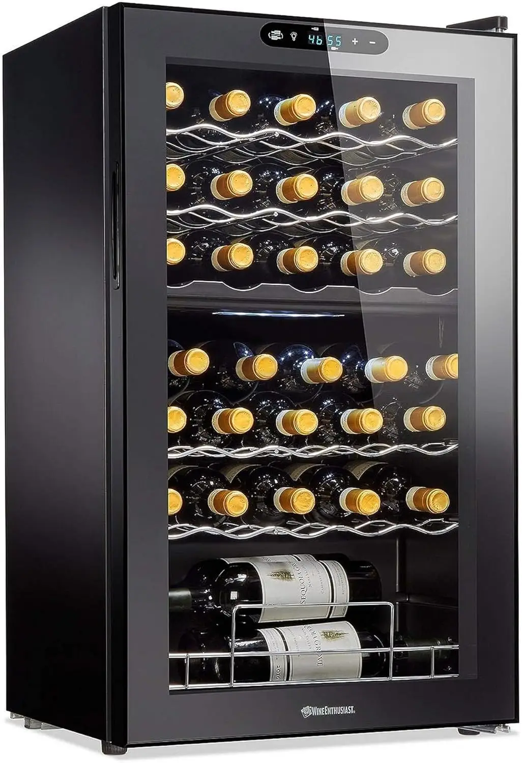 Enfriador de vino con compresor MAX de doble zona para 32 botellas, refrigerador independiente con almacenamiento y temperatura divididas, excavación