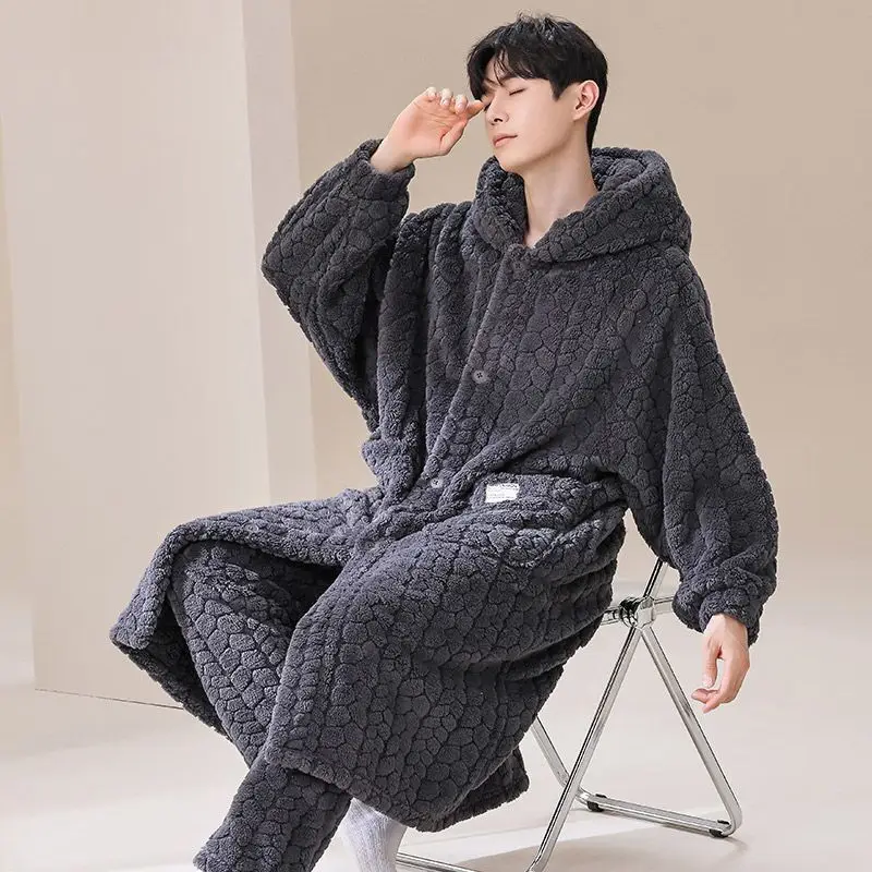 Hooded Robe for Men Sleepwear Bathrobe Winter Night Wears Warm Fleece Pajama Button One Piece Nightgown Pocket Homewear 2024 New