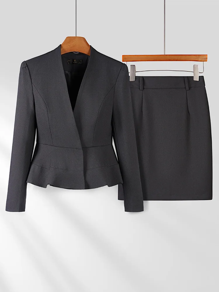 Women's professional formal workwear suit, elegant collarless blazer for hotel reception, jewelry store, beauty salon work attir