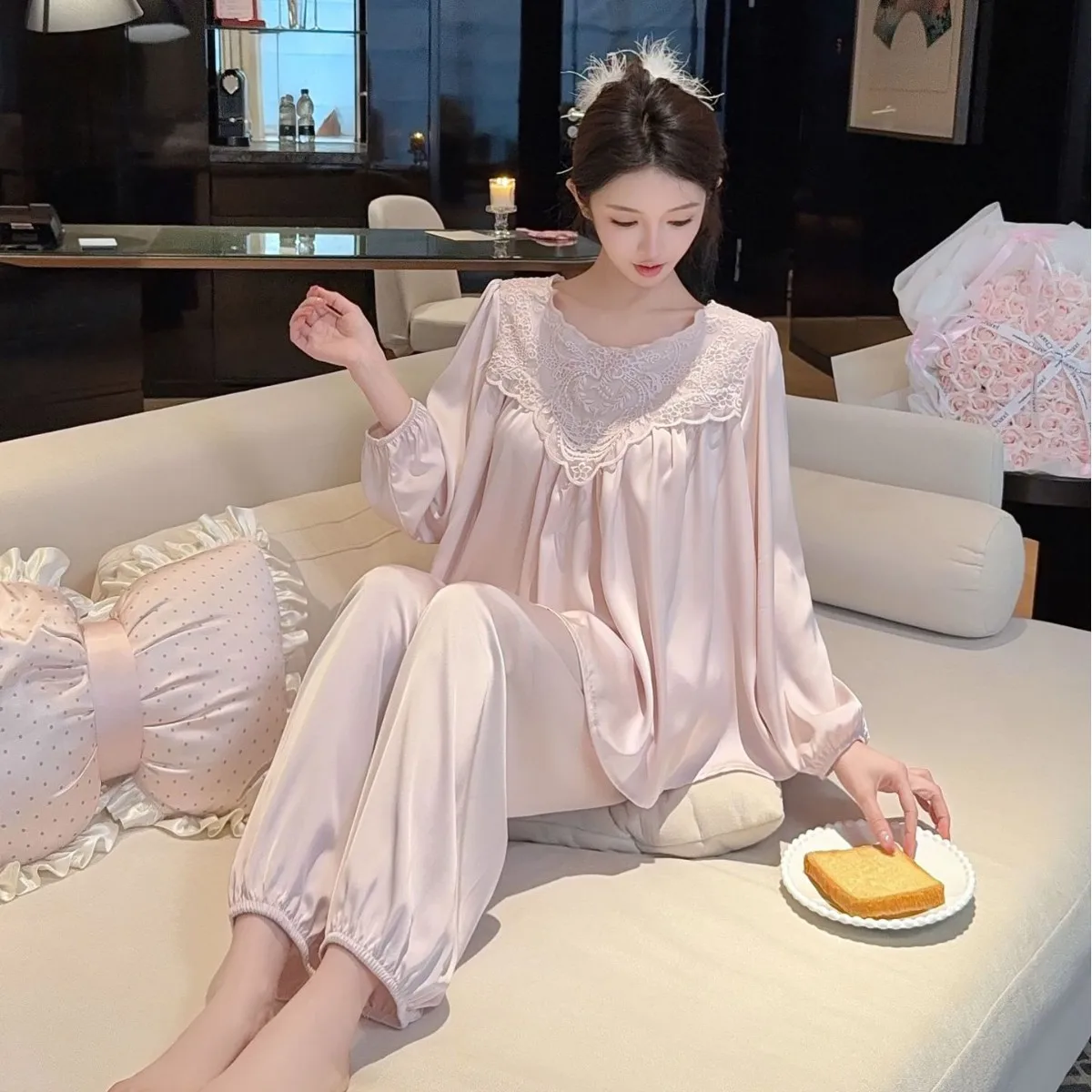 Plus Size Nightwear Korean Vintage Silk Satin Pajamas for Women Soft Lace Loose Elegant Long Sleeve Pants Spring Summer Homewear