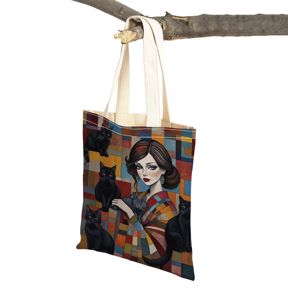 

Vintage European Girl and Cat Art Shopping Bag Casual Women Shopper Bags Double Print Lady Tote Daily Commut Shoulder Handbag