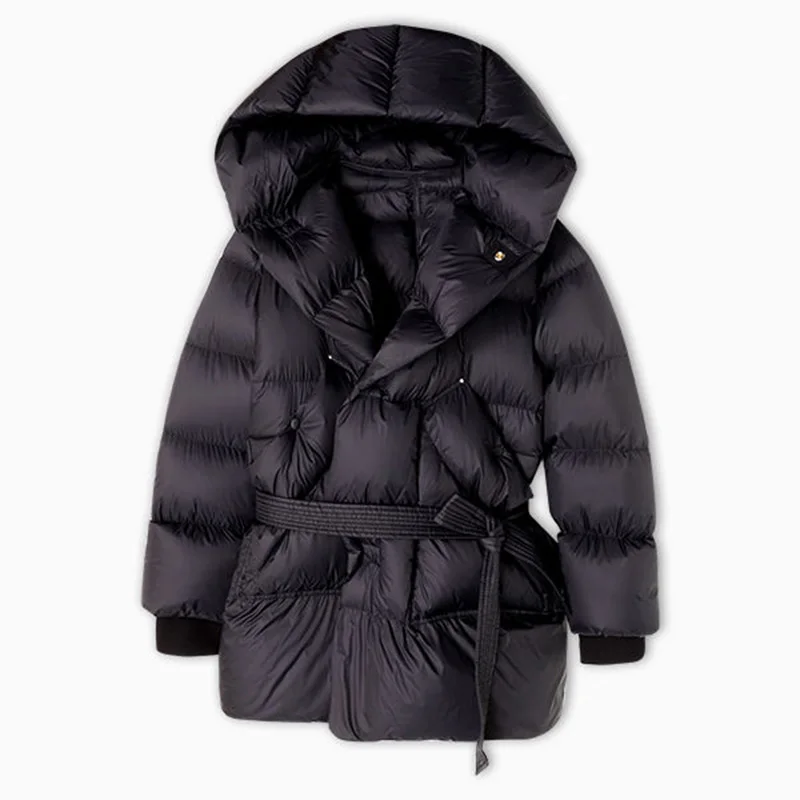 90 white duck down jacket Lightweight bulky down jacket Loose hooded mid length lace up super warm down jacket