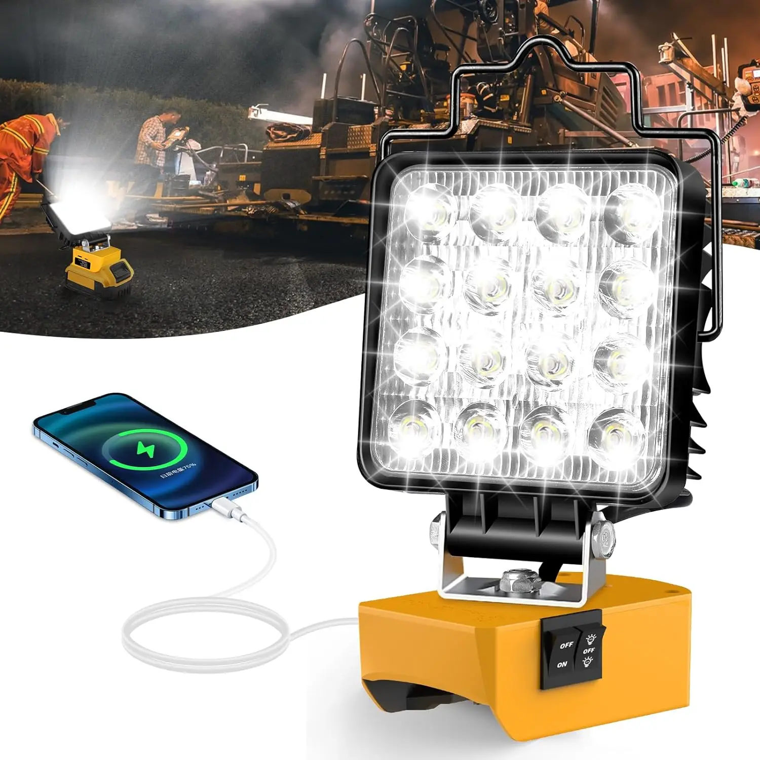 luz de trabalho led para dewalt milwaukee bateria 48w 24w interruptor duplo lanterna sem fio projector com usb e tipo c porta do carregador 01