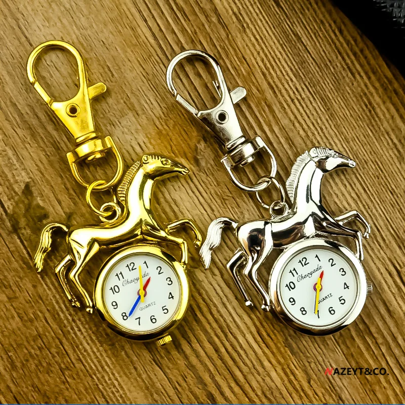 Elementary School Student Creative Little Golden Silver Horse Pocket Watch Boys and Girls Keychain Hanging Schoolbag Learning Ti