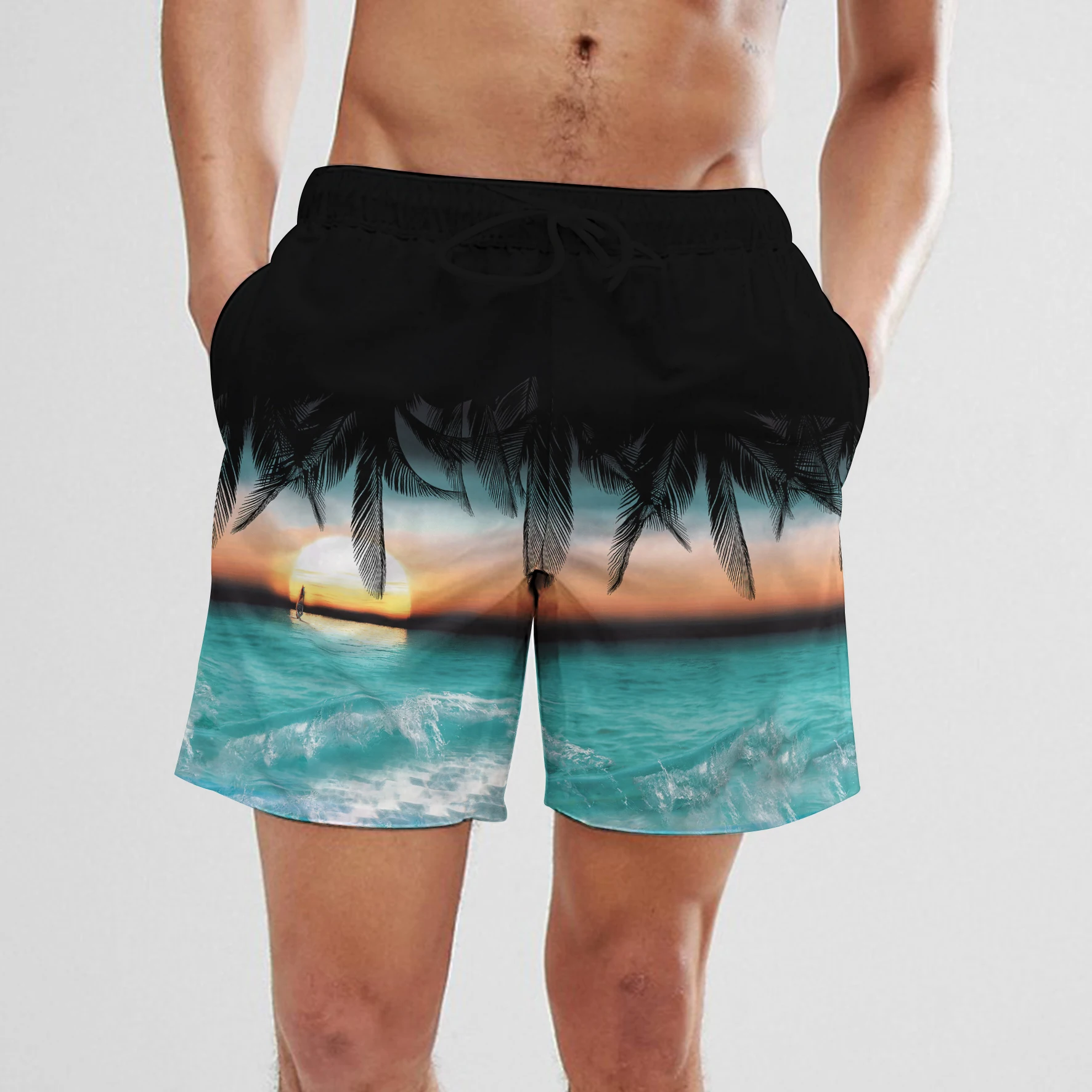 SummerFashion Cartoon Coconut Tree Car Digital Printing Men\'s Drawstring Shorts Quick Drying Hawaiian Beach Fitness Casual Short