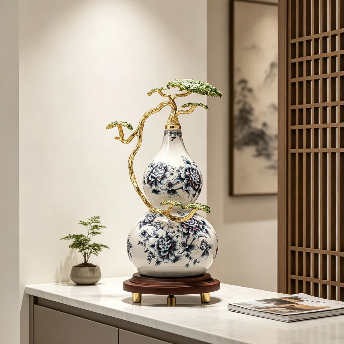 Luxury Blue White Porcelain Gourd Ornament Ceramic Peony New Chinese Style Living Room Wine Cabinet Entryway New Home Gift