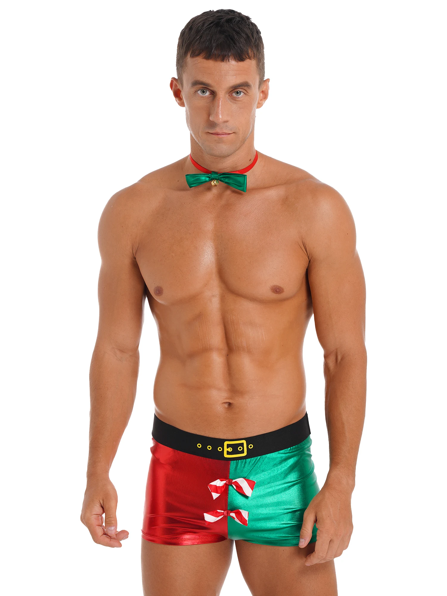 

Mens Christmas Fancy Boxer Shorts Santa Claus New Year Xmas Party Cosplay Costume Metallic Shiny Low Rise Underwear with Bow Tie